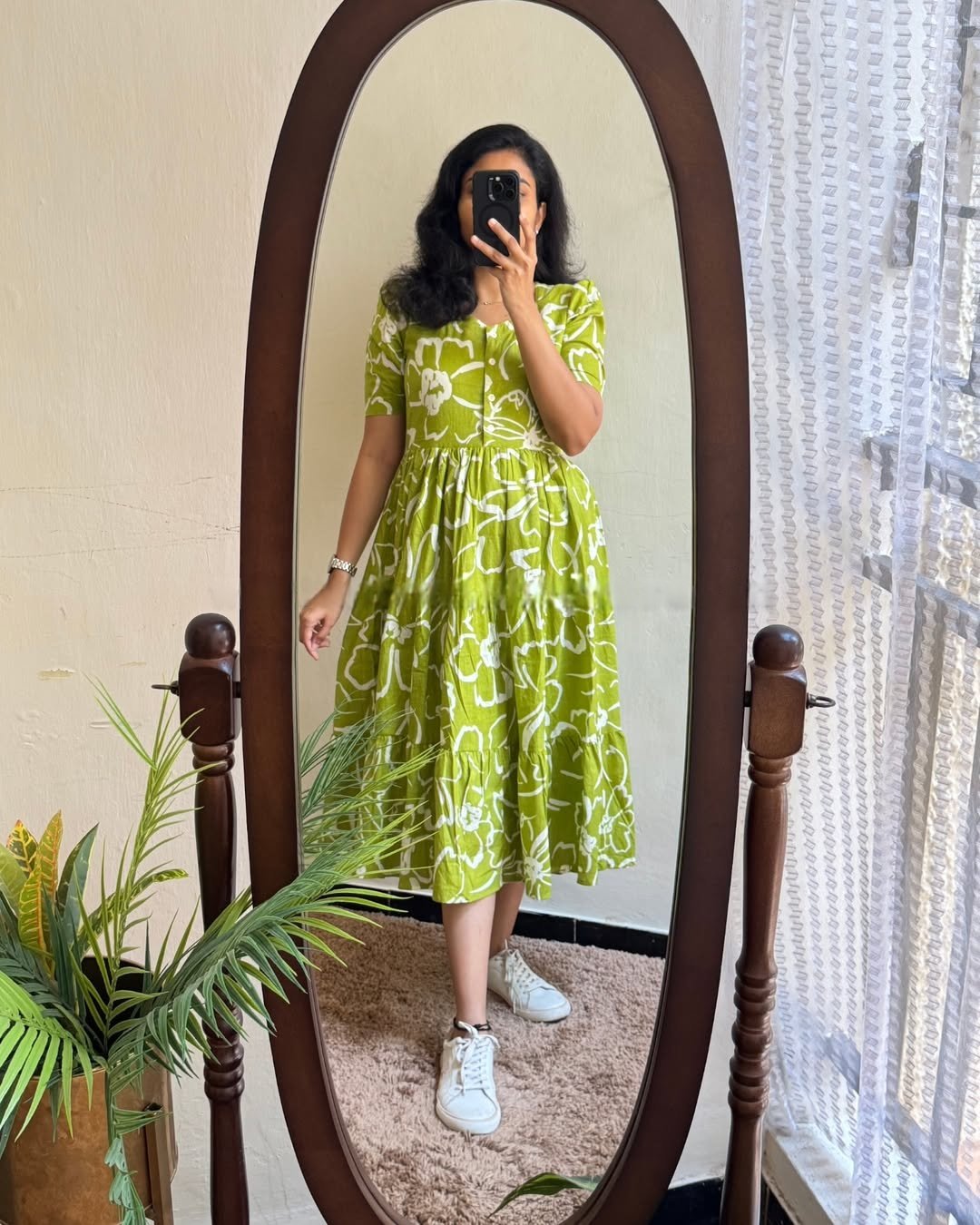 Green Printed Cotton Midi Gown Dress